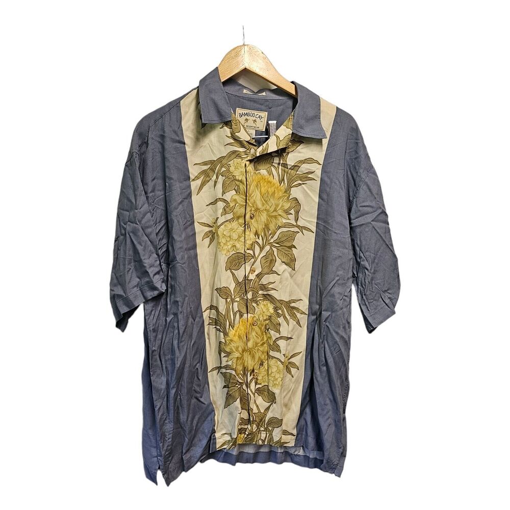 Bamboo‎ Cay Blue Camp Shirt Lounge Hawaiian LARGE